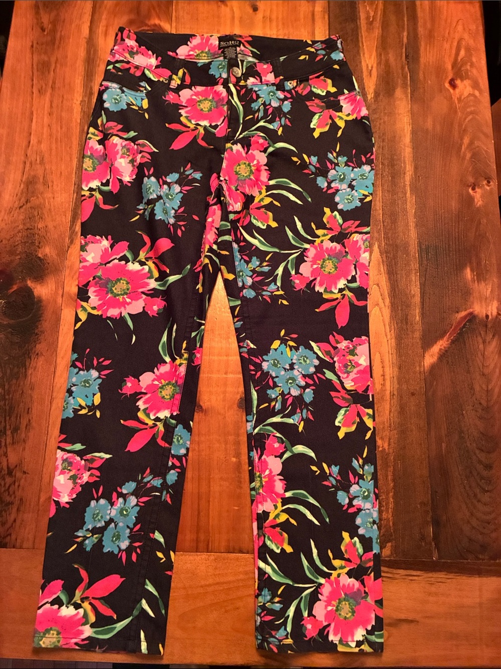 Soho Apparel Black Floral Pants with Pink & Teal Flowers
